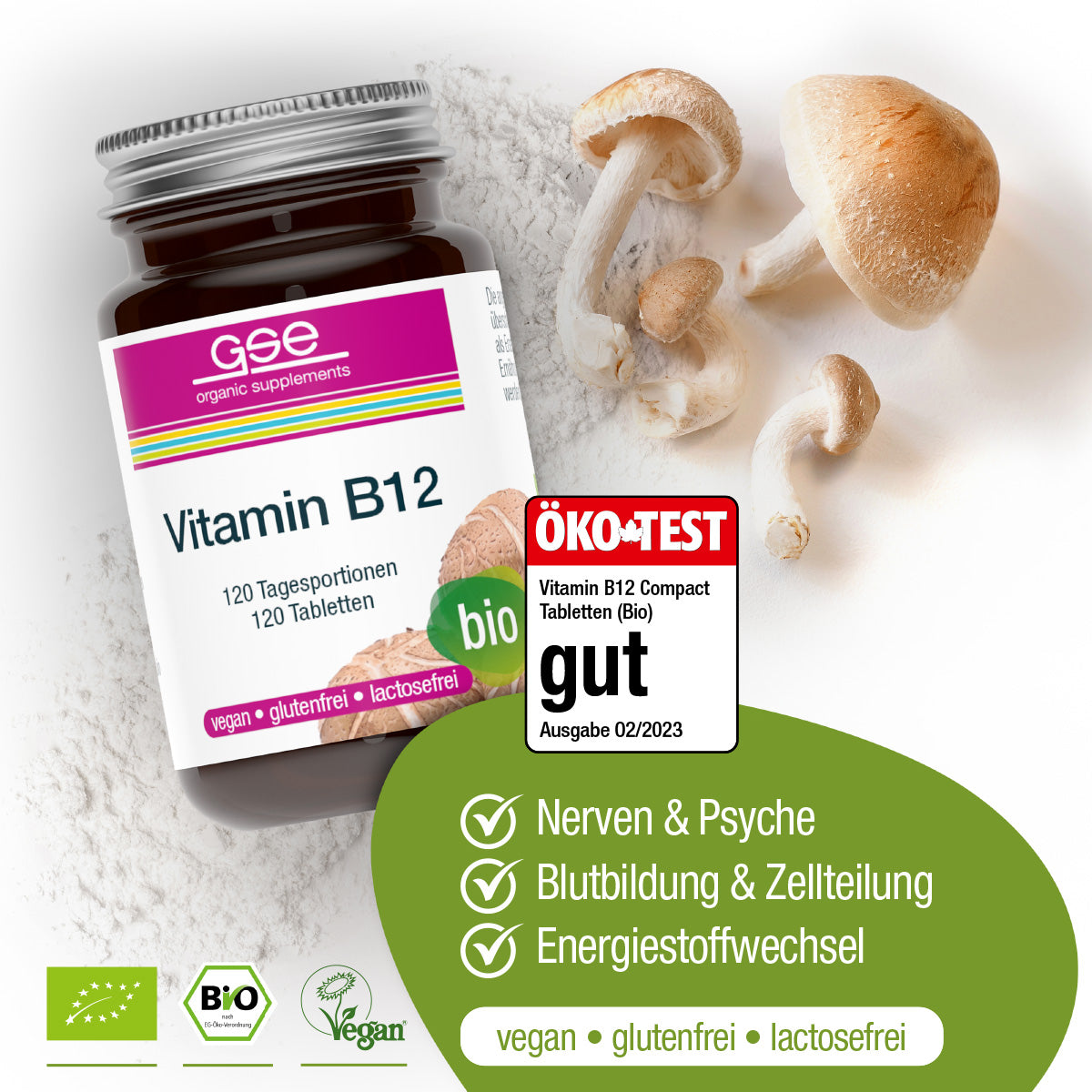 Eine Flasche gse.organic.supplements Vitamin B12 Compact (Bio) steht auf einer weißen Fläche mit Shiitake-Pilzen und Pulver. Grüne, vegane, glutenfreie und laktosefreie Etiketten und das ÖKO-TEST Prädikat "gut" unterstreichen die Bio-Zertifizierung.