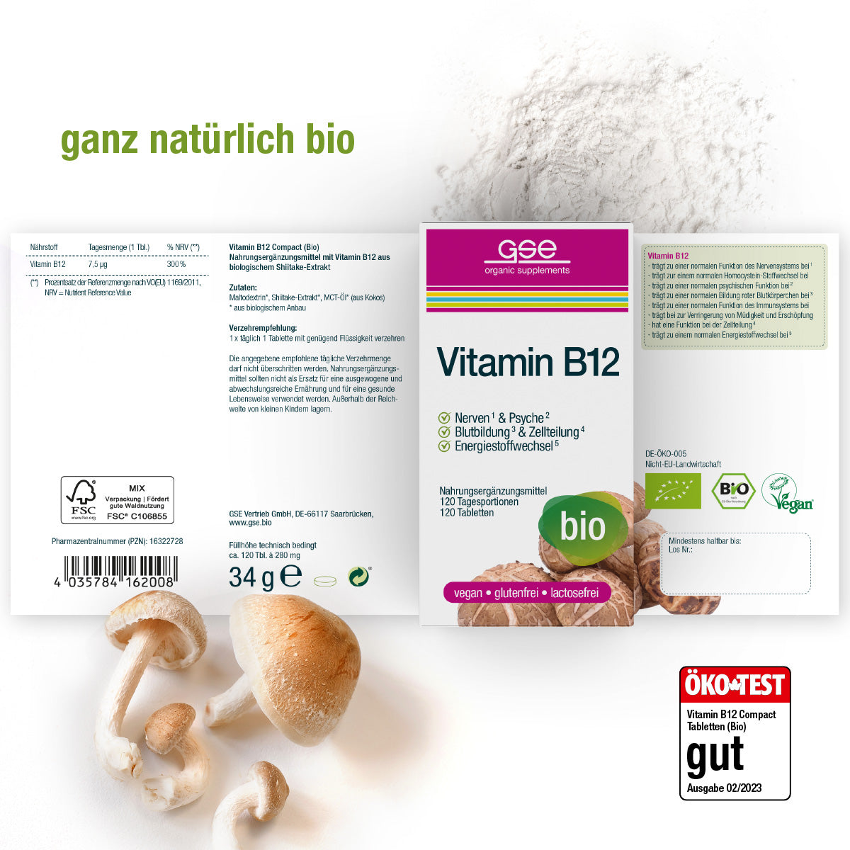 Die Verpackung von gse.organic.supplements Vitamin B12 Compact (Bio) erscheint mit Shiitake-Pilzen, Pulver und Zertifizierungsetiketten, die die Eigenschaften Bio, Vegan, Glutenfrei, Laktosefrei und das ÖKO-TEST Prädikat "gut" hervorheben.