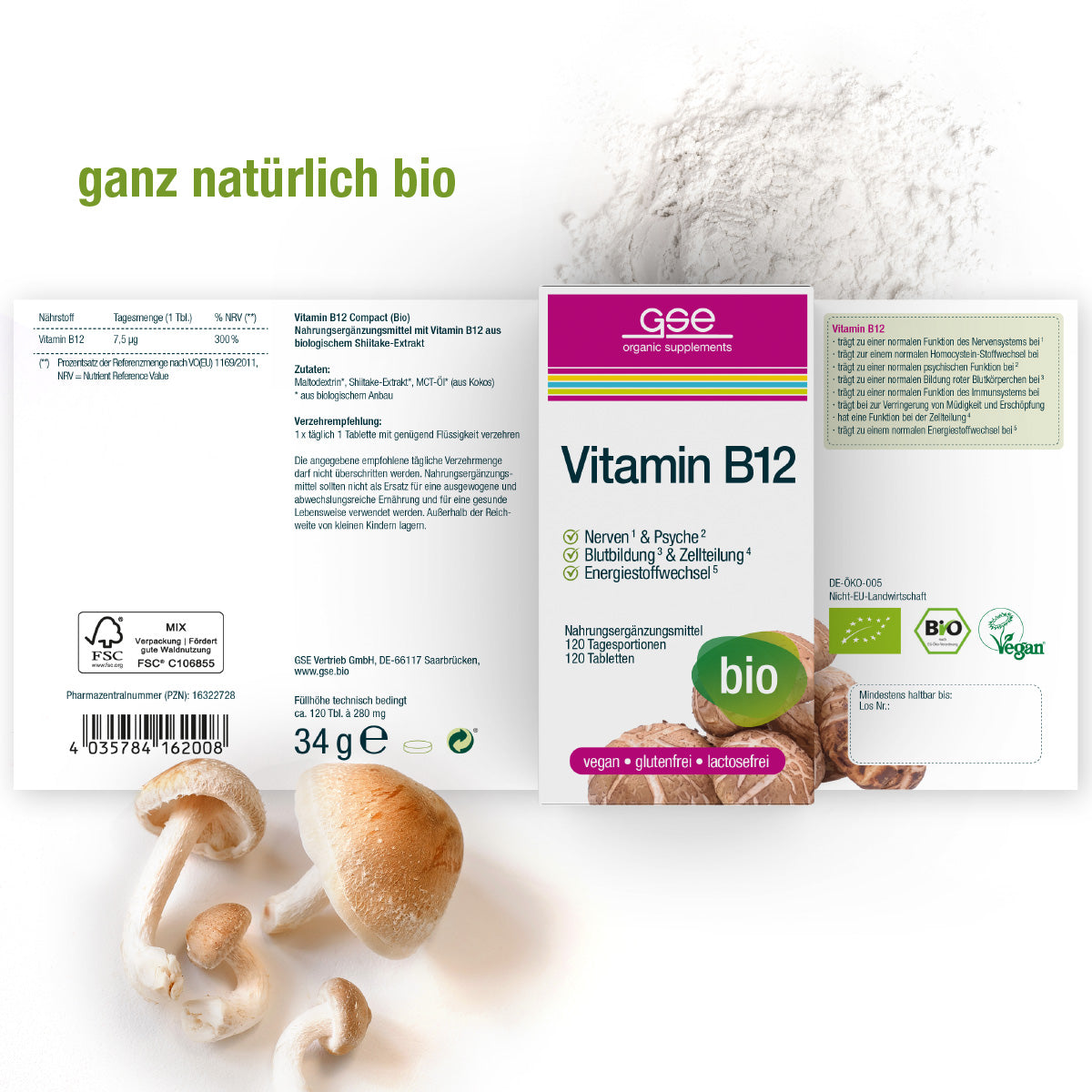 Eine Schachtel gse.organic.supplements Vitamin B12 Compact (Bio) mit deutschen Etiketten, hier mit Pulver und Shiitake-Pilzen. Die vegane Verpackung unterstreicht die glutenfreie, laktosefreie und biologische Qualität.