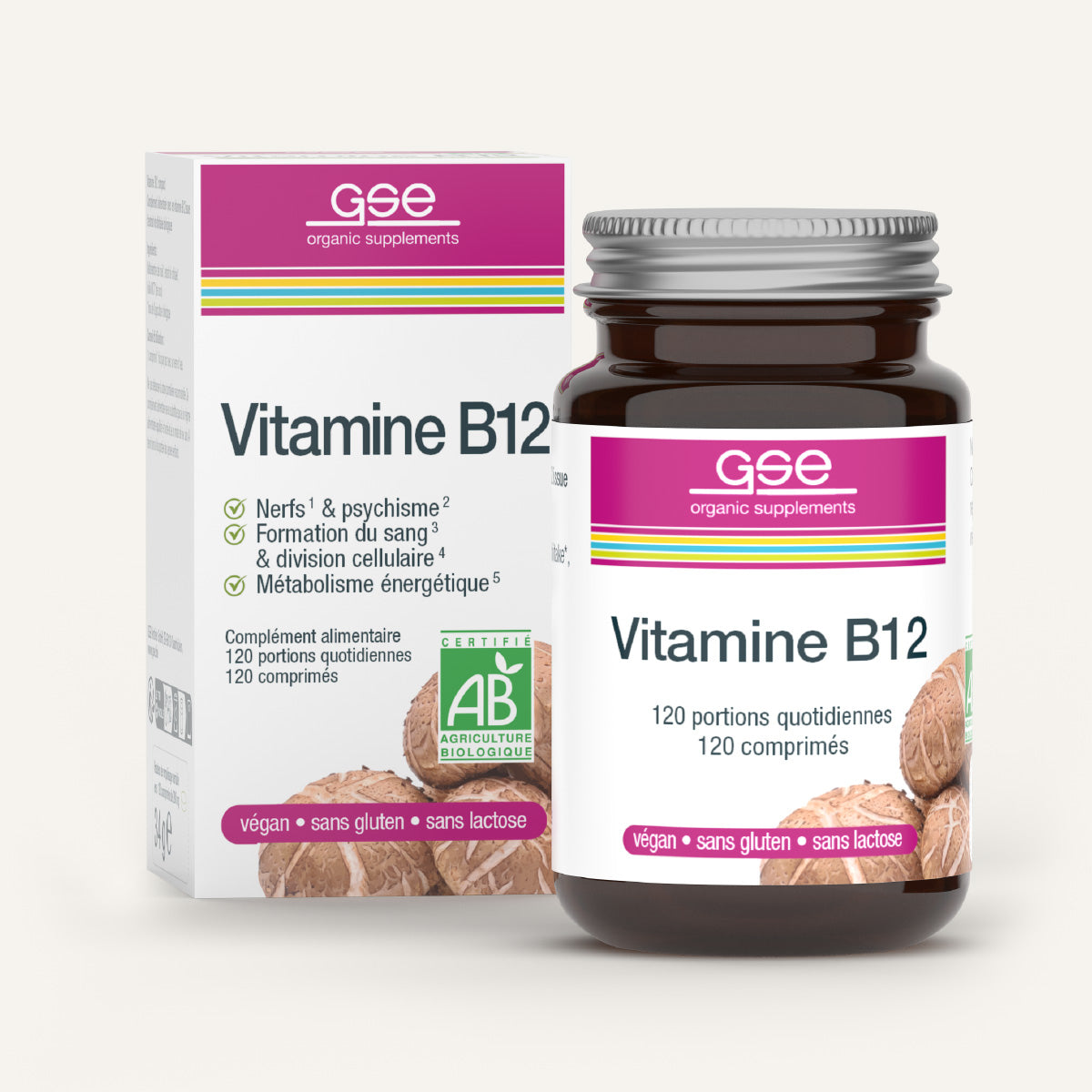 Eine Flasche und eine Schachtel gse.organic.supplements Vitamin B12 Compact (Bio) FR, vegan, glutenfrei, laktosefrei; weiße und rosa französische Verpackung mit grünem Bio-Logo; enthält 120 Tagesportionen.