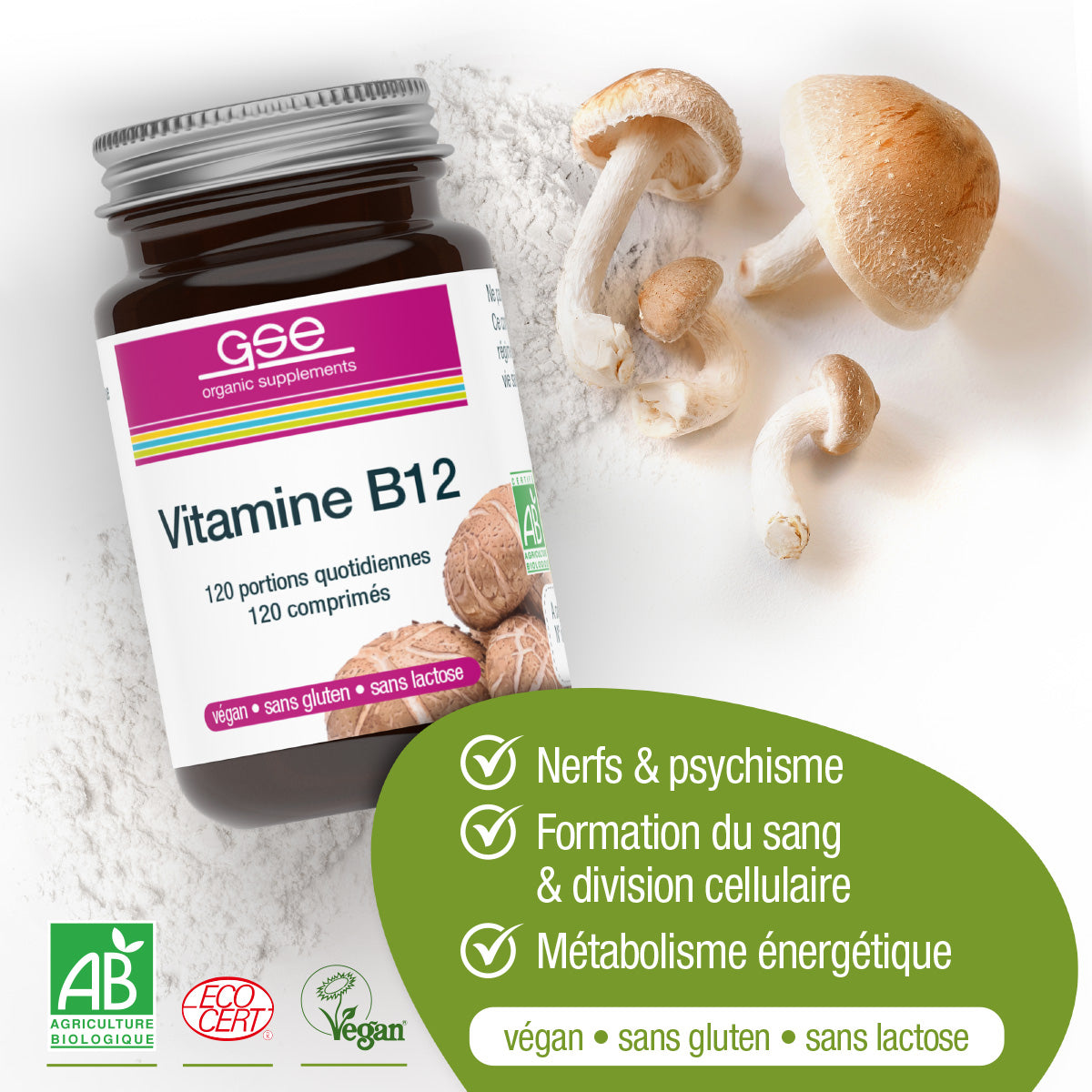Eine Dose gse.organic.supplements Vitamin B12 Compact (Bio) FR ist mit Shiitake-Pilzen und Vitaminpulver abgebildet und hebt die biologischen, veganen, glutenfreien und laktosefreien Zertifizierungen und Vorteile hervor.