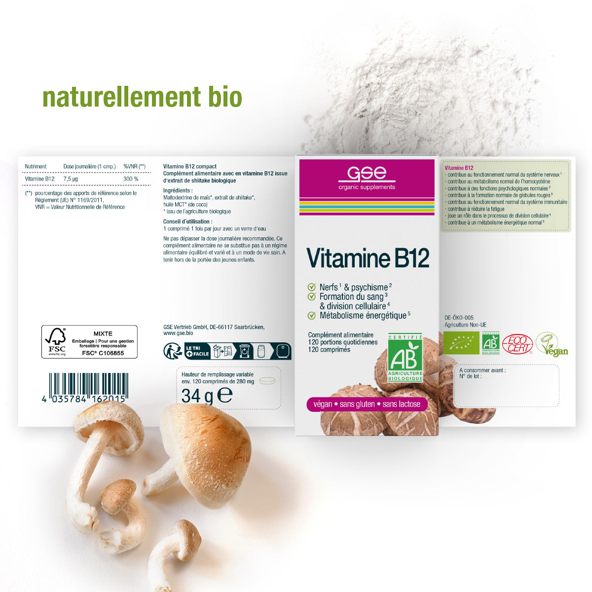 Schachtel und Etikett von gse.organic.supplements Vitamin B12 Compact (Bio) FR, ein veganes und biologisches Ergänzungsmittel mit Shiitake-Pilzen und Pulver, mit AB-Bio-Zertifizierung und frei von Gluten und Laktose.
