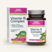 Eine Flasche gse.organic.supplements Vitamin B-Komplex (Bio) ist neben der Verpackung mit rosa und grünen Akzenten abgebildet. Die vegane, glutenfreie und laktosefreie Formel unterstützt Nerven, Psyche und Energie.