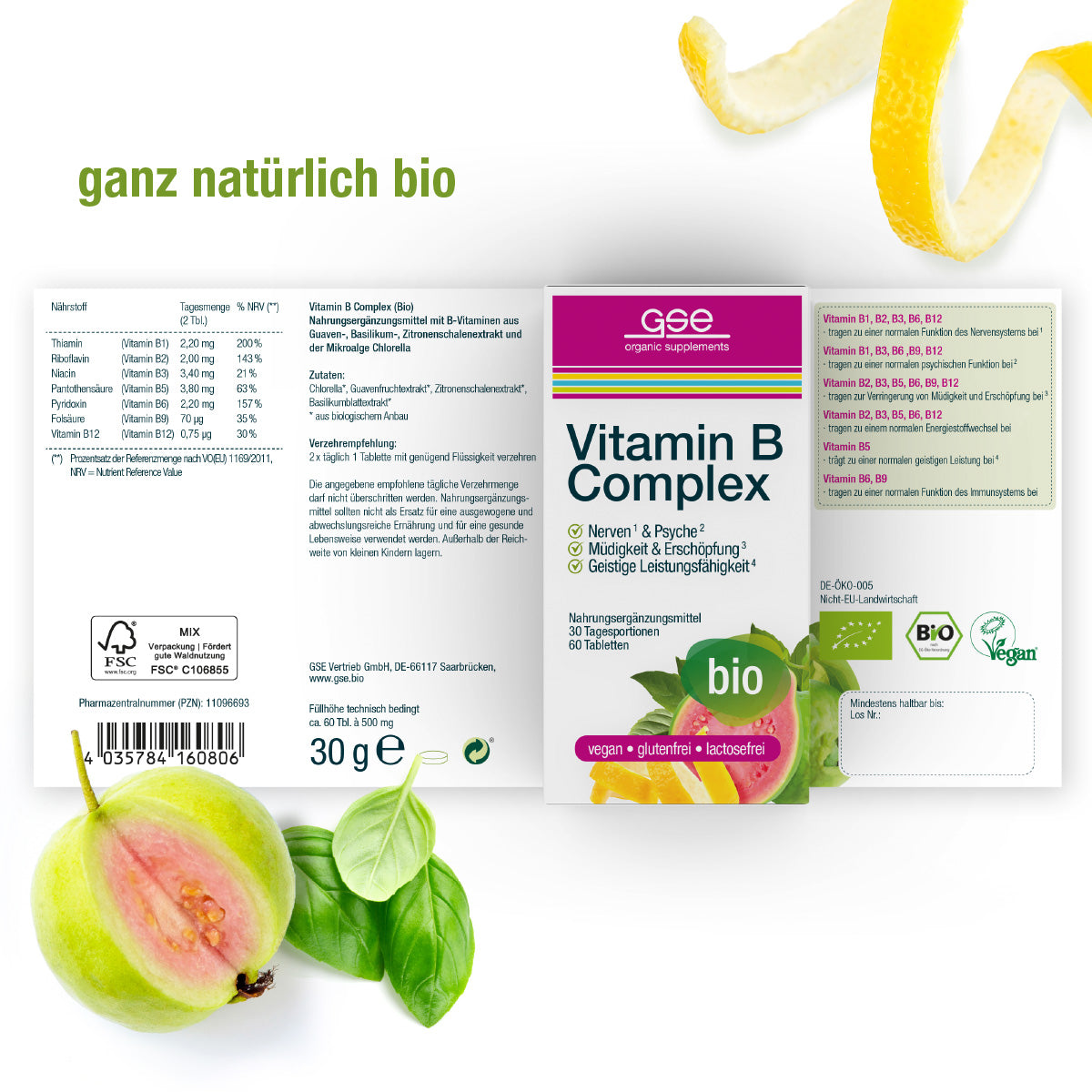 Die Vorder- und Rückseite der Verpackung von gse.organic.supplements Vitamin B Complex (Bio) zeigt ein grünes und weißes Design, vegane und biologische Logos, Nährwertangaben und eine Guavenfrucht mit Blättern am unteren Rand.