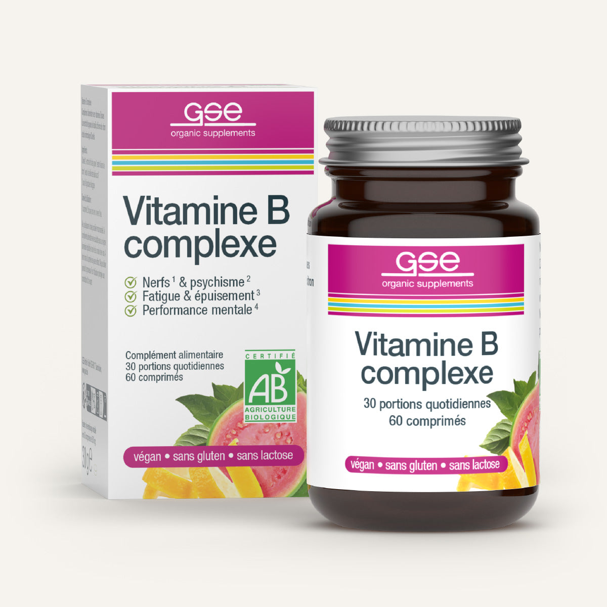 Eine Flasche und eine Schachtel gse.organic.supplements Vitamin B Complex (Bio) FR, ein veganes, glutenfreies und laktosefreies pflanzliches Nahrungsergänzungsmittel, mit französischem Etikett, das Grapefruit- und Zitronenscheiben enthält.