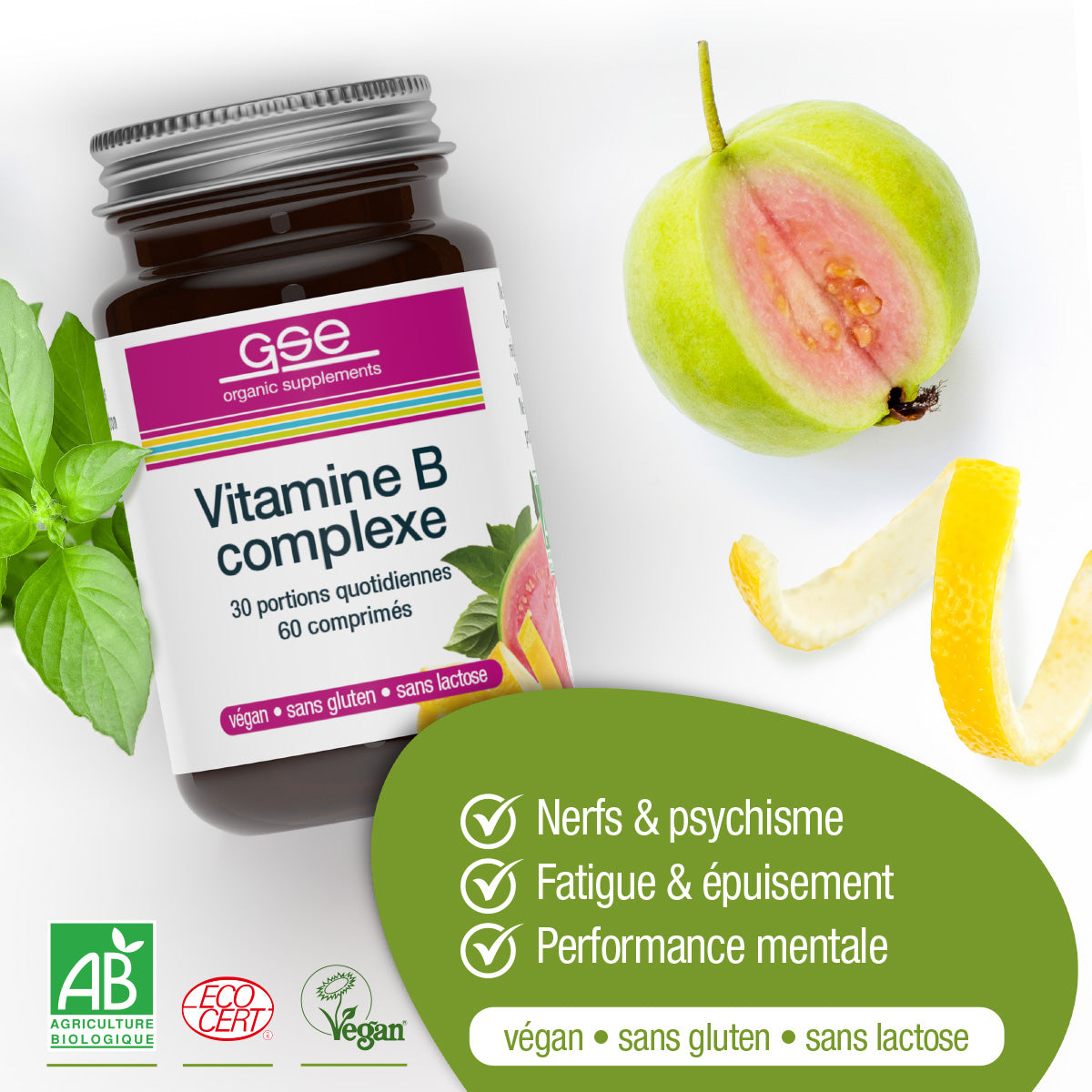 Ein Glas gse.organic.supplements Vitamin B-Komplex (Bio) FR steht neben geschnittener Guave und Zitronenschale. Vegan, glutenfrei und laktosefrei, unterstützt dieses pflanzliche Nahrungsergänzungsmittel die geistige Leistungsfähigkeit und reduziert Müdigkeit.