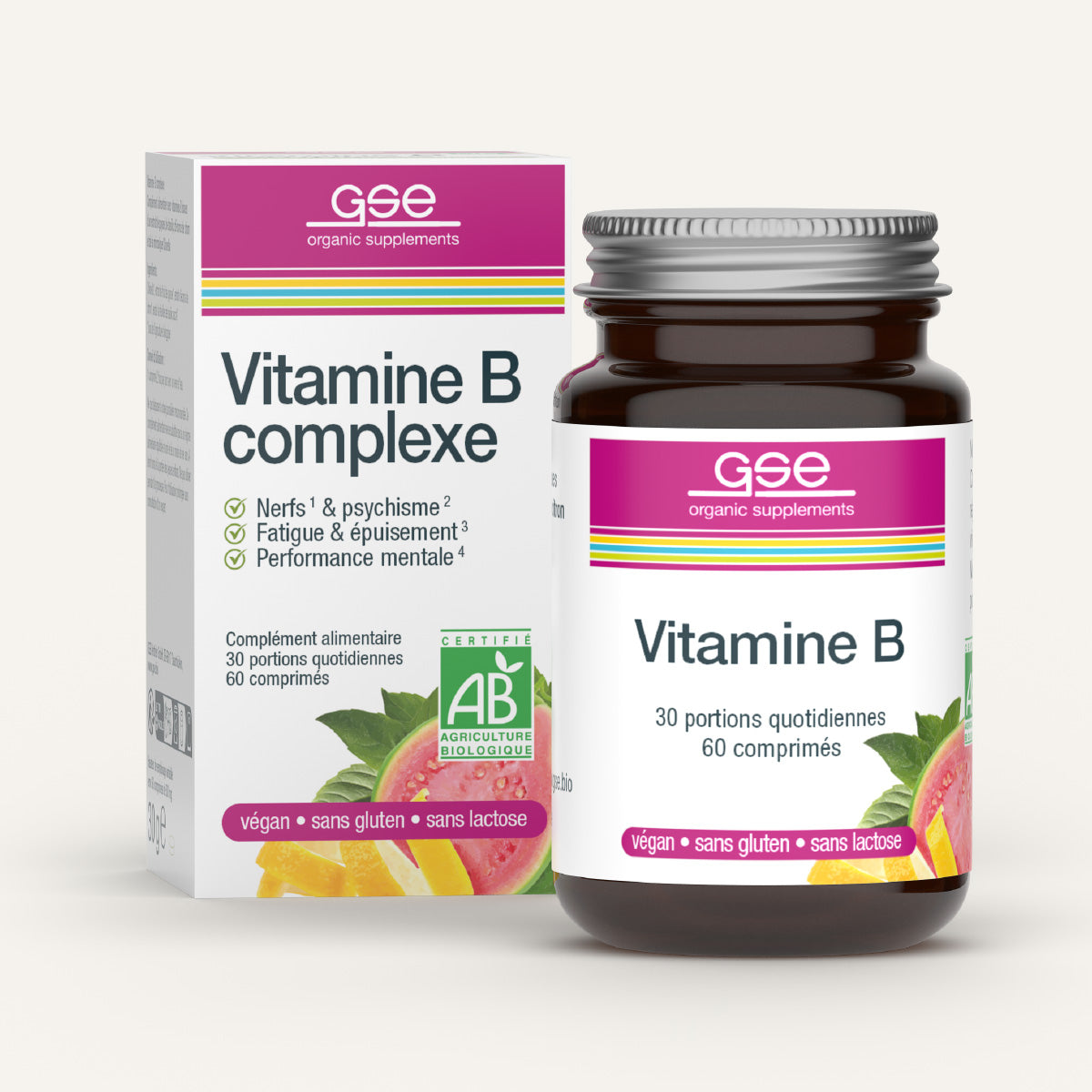 Eine Flasche und Schachtel gse.organic.supplements Vitamin B Complex (Bio) FR, mit französischen Etiketten und Fruchtbildern. Laut Verpackung ist dieses pflanzliche Nahrungsergänzungsmittel vegan, glutenfrei, laktosefrei und biologisch.