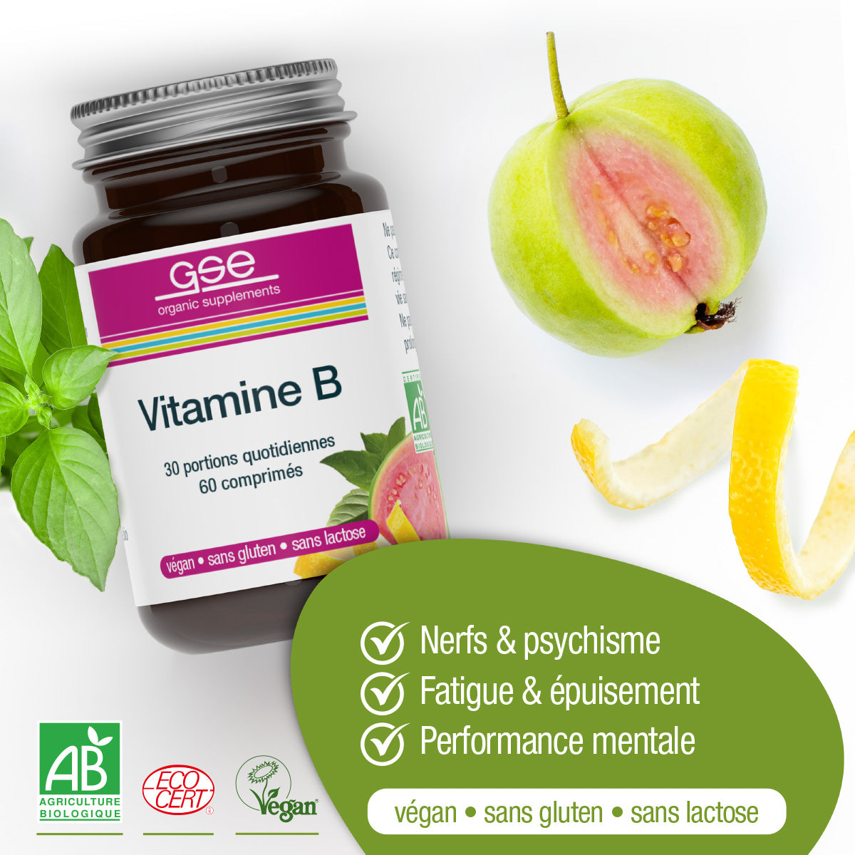 Eine Flasche gse.organic.supplements Vitamin B Complex (Bio) FR wird neben geschnittener Guave, Zitronenschale und Basilikumblättern gezeigt. Der Text hebt die Unterstützung für Nerven, Müdigkeit und geistige Leistungsfähigkeit hervor. Die Etiketten zeigen, dass es sich um ein veganes, gluten- und laktosefreies pflanzliches Ergänzungsmittel handelt.