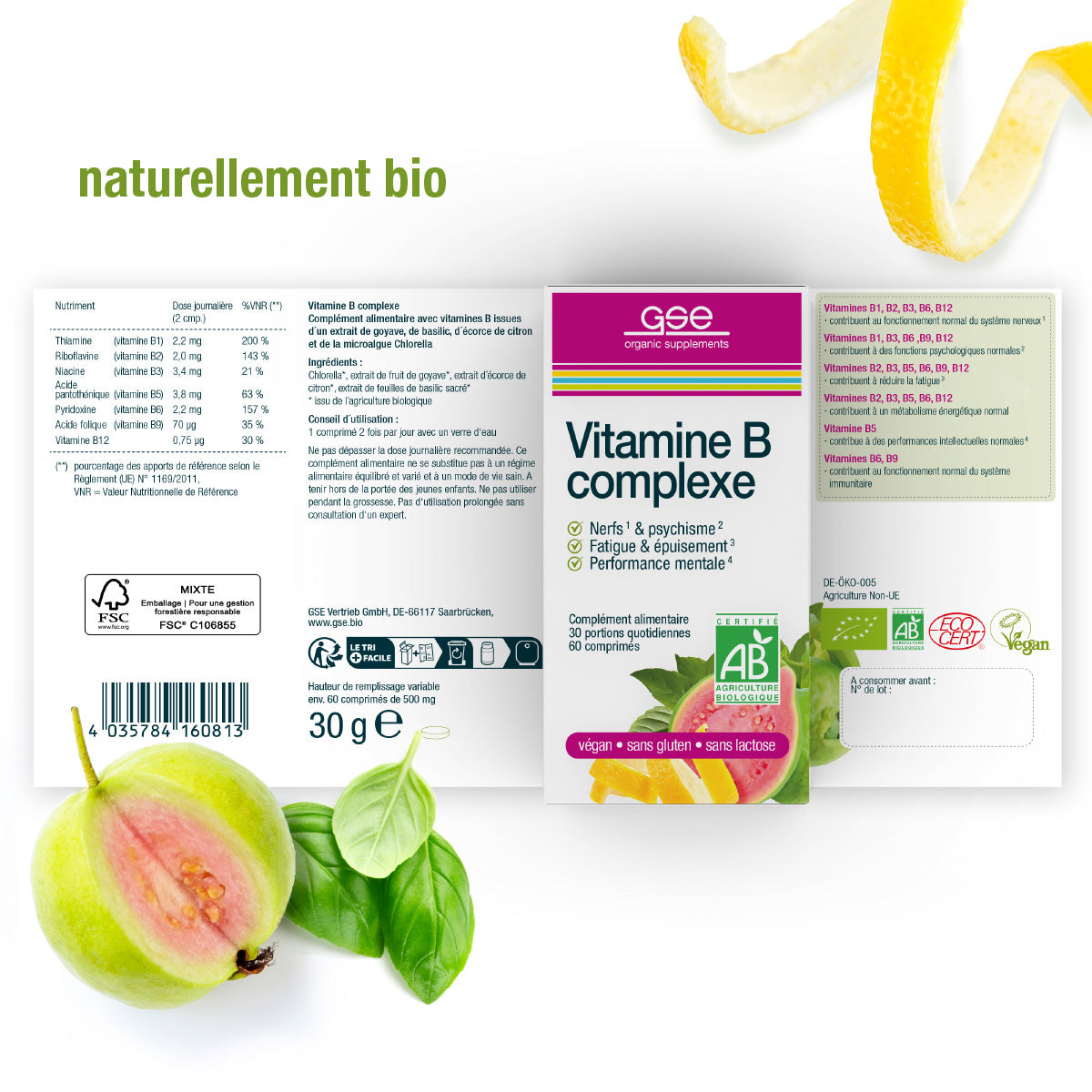 Der gse.organic.supplements Vitamin B-Komplex (Bio) FR wird mit Verpackung, Nährwertkennzeichnung und natürlichen Zutaten wie Zitronenschalen und Guave gezeigt. Es ist ein biologisches, veganes, gluten- und laktosefreies pflanzliches Nahrungsergänzungsmittel.