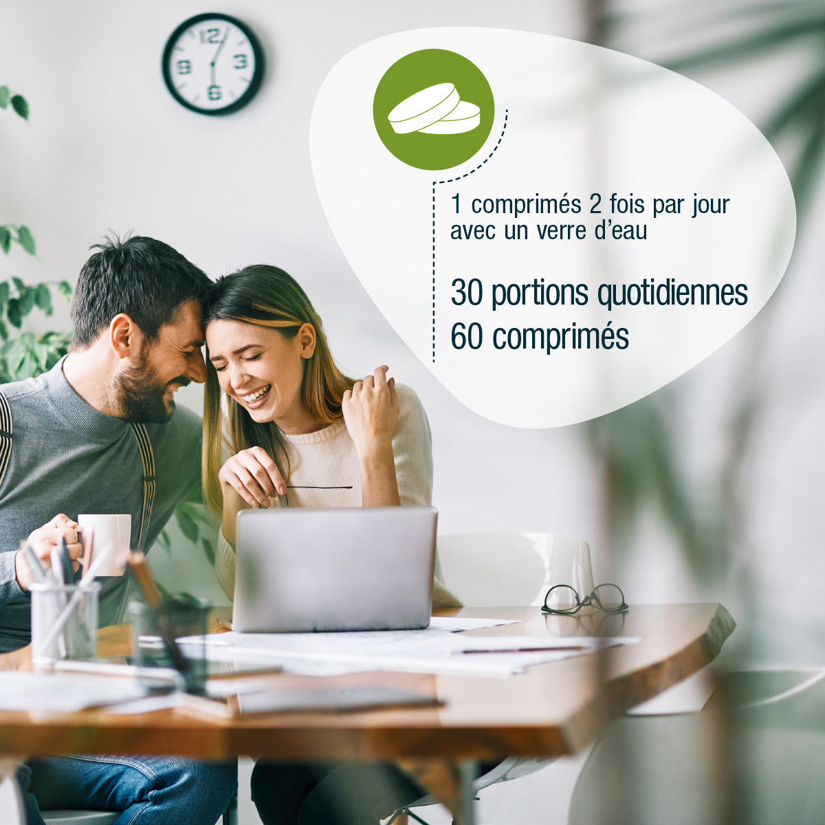 jour avec un verre d'eau, 30 portions, 60 comprimés.