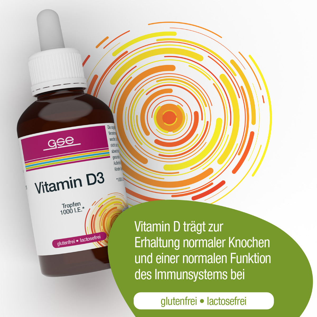 Eine Flasche gse.organic.supplements Vitamin D3 Tropfen steht neben einem leuchtenden abstrakten Kreis. Das grüne Etikett weist darauf hin, dass es gluten- und laktosefrei ist und die Gesundheit der Knochen und des Immunsystems unterstützt (Sonnenvitamin).