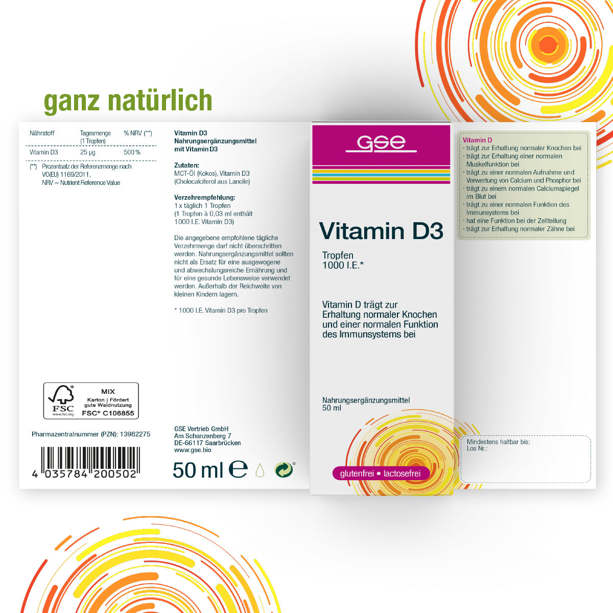 Abgebildet sind eine Schachtel und eine Packungsbeilage von gse.organic.supplements Vitamin D3 Tropfen in den Farben Weiß, Lila und Gelb. Der Text hebt die Unterstützung für starke Knochen und das Immunsystem hervor. Die Packungsgröße beträgt 50 ml.