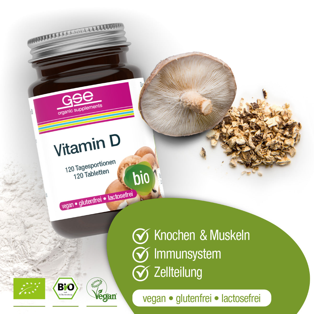Eine Flasche gse.organic.supplements Vitamin D Compact (Bio) Tabletten, mit der Aufschrift bio und umgeben von Pilzen, mit veganen, glutenfreien, laktosefreien Symbolen - unterstützt Knochen, Muskeln, Immunsystem & Zellteilung als vegane Nahrungsergänzung.