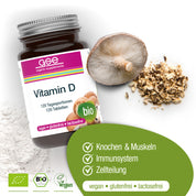 Eine Flasche gse.organic.supplements Vitamin D Compact (Bio) Tabletten, mit der Aufschrift bio und umgeben von Pilzen, mit veganen, glutenfreien, laktosefreien Symbolen - unterstützt Knochen, Muskeln, Immunsystem & Zellteilung als vegane Nahrungsergänzung.