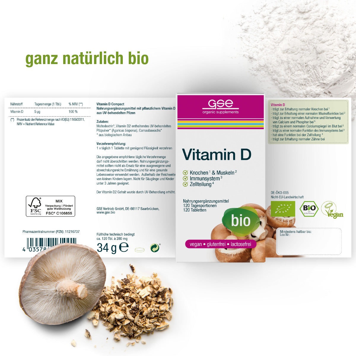 Eine Dose Vitamin D Compact (Bio) von gse.organic.supplements ist mit Etikett und Nährwertangaben abgebildet, daneben ein Shiitake-Pilz, Pilzpulver und "ganz natürlich bio"-Ideal zur Unterstützung des Immunsystems. Bio-, vegan- & glutenfrei-Icons sichtbar.