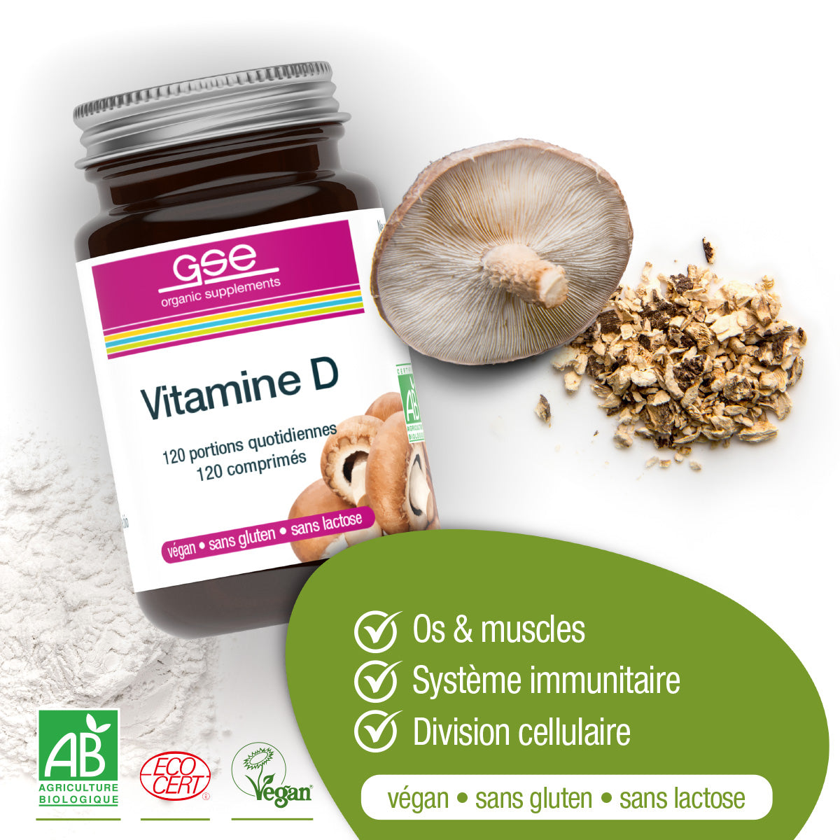 Eine Dose gse.organic.supplements Vitamin D Compact (Bio) FR mit 120 Tabletten ist neben ganzen und geschnittenen Pilzen abgebildet. Der Text hebt die Unterstützung von Knochen, Muskeln, Immunität und Zellteilung hervor. Etiketten weisen auf Bio-Qualität, vegan, gluten- und laktosefrei hin.