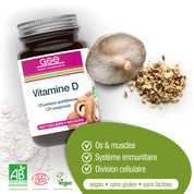 Eine Flasche gse.organic.supplements Vitamin D Compact (Bio) FR ist mit Pilzen abgebildet. Die Icons zeigen, dass es vegan, glutenfrei und laktosefrei ist. Der französische Text hebt die Vorteile für Knochen, Muskeln, das Immunsystem und die Zellteilung hervor.
