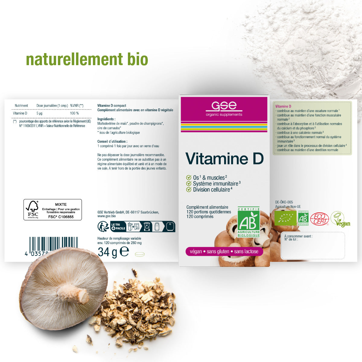 Die Vitamin D Compact (Bio) FR Box von gse.organic.supplements zeigt französische Labels, Vegan-, Bio- und Glutenfrei-Icons, umgeben von Shiitake-Pilz, Pulver & dem Schriftzug "naturellement bio" auf weißem Hintergrund.