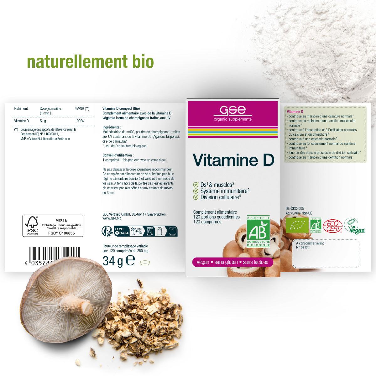 Schachtel gse.organic.supplements Vitamin D Compact (Bio) FR mit französischem Text, veganem und glutenfreiem Etikett, Pilzbild, Bildmaterial zu Pulver und zerbröckelten Nahrungsergänzungsmitteln, "naturellement bio"-Aufkleber und Informationen zur Ernährung des Immunsystems.