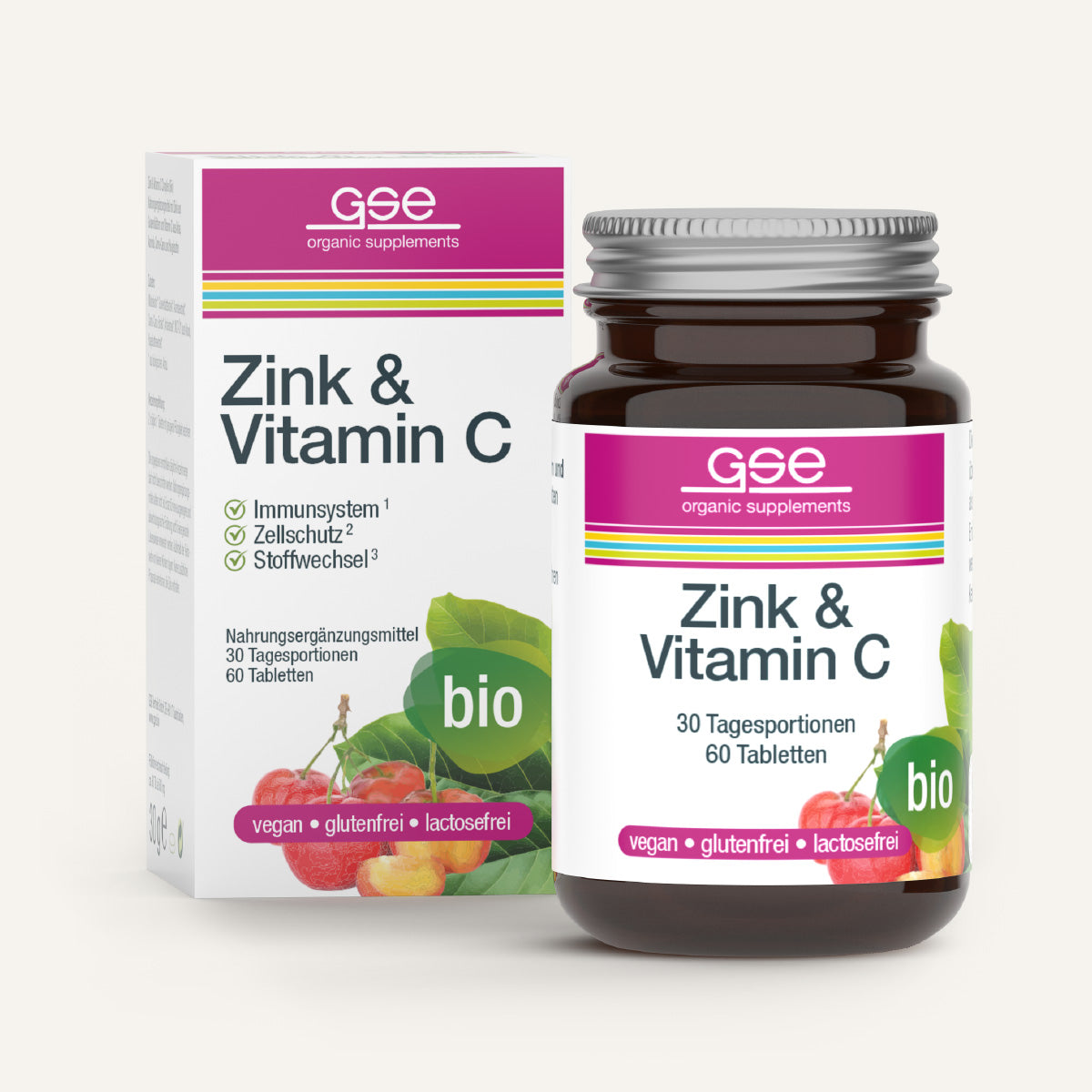 Eine Flasche gse.organic.supplements Zink & Vitamin C (Bio), formuliert, um Ihr Immunsystem zu unterstützen, zusammen mit seiner Box gezeigt.
