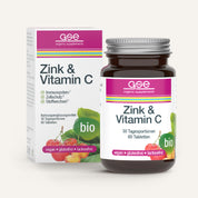 Eine Flasche gse.organic.supplements Zink & Vitamin C (Bio), formuliert, um Ihr Immunsystem zu unterstützen, zusammen mit seiner Box gezeigt.