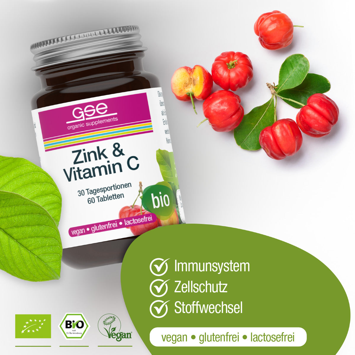 Eine Flasche gse.organic.supplements Zink & Vitamin C (Bio) ist mit Acerola-Kirschen, grünen Blättern und Zertifizierungssymbolen abgebildet. Der Text hebt die Unterstützung des Immunsystems, den Zellschutz und das Bio-Zink für einen gesunden Stoffwechsel hervor.
