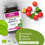 Eine Flasche gse.organic.supplements Zink & Vitamin C (Bio) Tabletten steht neben Acerola-Kirschen und grünen Blättern. Die Etiketten zeigen vegan, glutenfrei, laktosefrei. Der Text hebt die Unterstützung des Immunsystems, des Zellschutzes und des Stoffwechsels hervor.