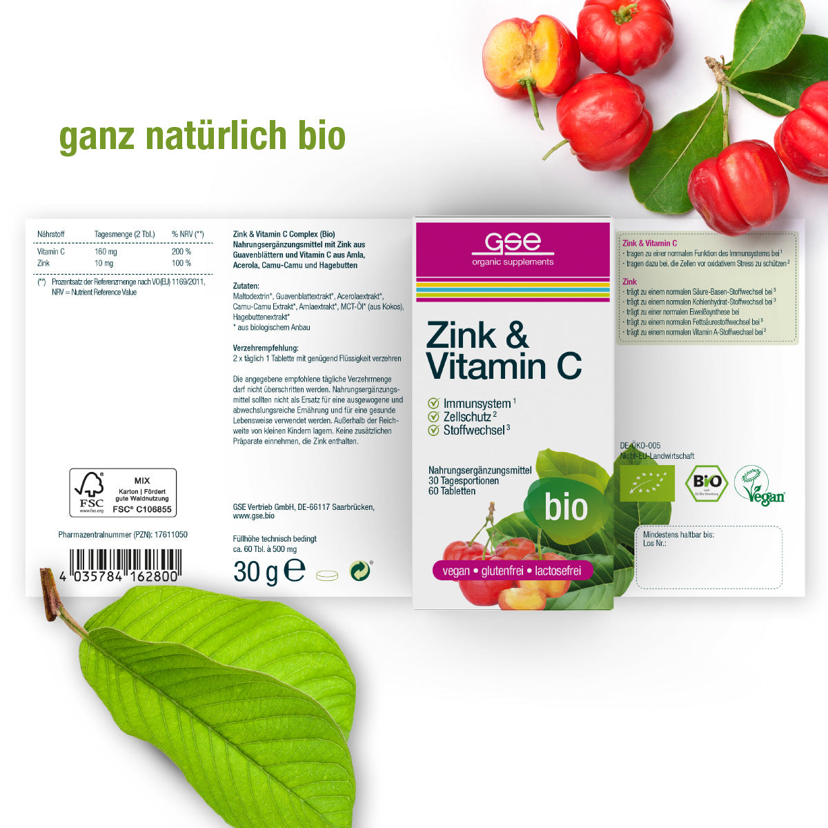 Abgebildet ist eine Dose gse.organic.supplements Zink & Vitamin C (Bio) mit Verpackung, frischen Acerola-Kirschen und grünen Blättern. Das Bio-Produkt unterstützt das Immunsystem und ist vegan, glutenfrei und laktosefrei.