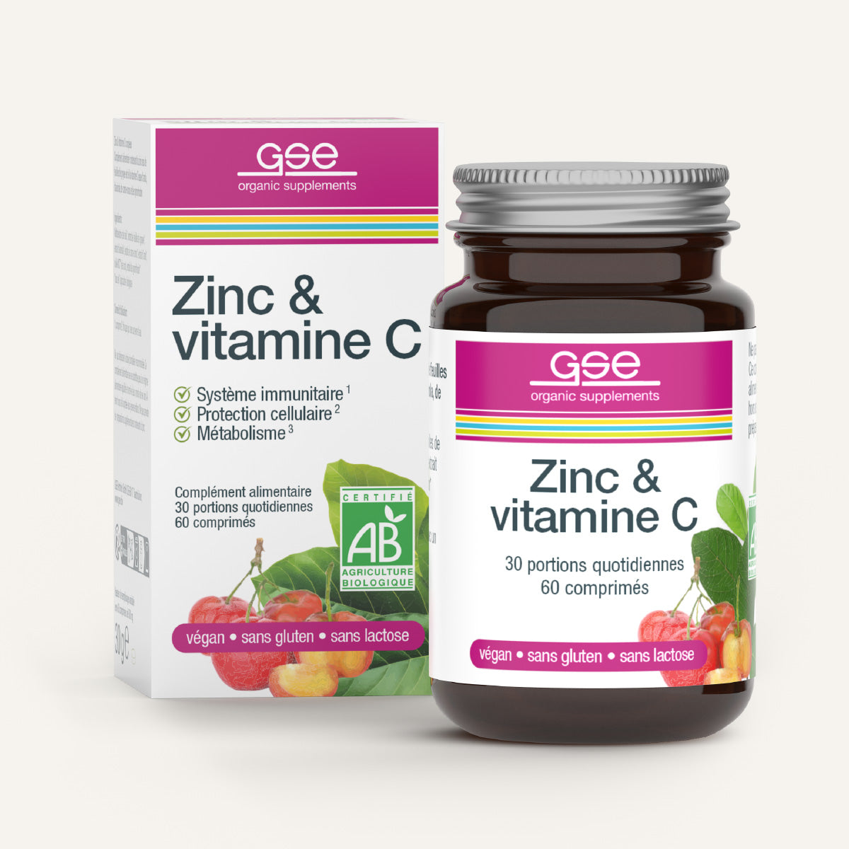 Eine Flasche und eine Schachtel gse.organic.supplements Zink & Vitamin C (Bio) FR, die für Immunsystem, Zellschutz und Stoffwechsel gekennzeichnet sind. Die vegane, glutenfreie und laktosefreie Verpackung unterstreicht die Unterstützung von Immunität und Wohlbefinden.
