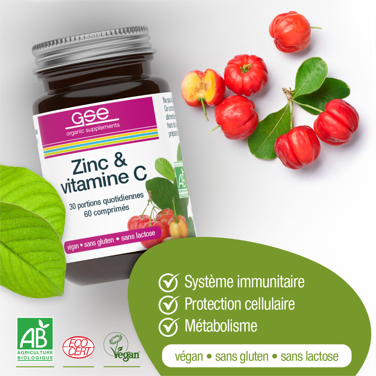 Eine Flasche gse.organic.supplements Zink & Vitamin C (Bio) FR ist neben frischen Acerola-Kirschen und grünen Blättern abgebildet. Die Symbole unten zeigen an, dass die Produkte das Immunsystem unterstützen, die Zellen schützen, den Stoffwechsel anregen, vegan, glutenfrei und laktosefrei sind.