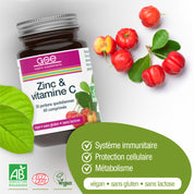 Eine Flasche gse.organic.supplements Zink & Vitamin C (Bio) FR ist neben frischen Acerola-Kirschen und grünen Blättern abgebildet. Die Symbole unten zeigen an, dass die Produkte das Immunsystem unterstützen, die Zellen schützen, den Stoffwechsel anregen, vegan, glutenfrei und laktosefrei sind.