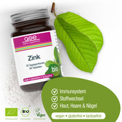 Eine Flasche gse.organic.supplements Zink Compact (Bio) ruht auf weißem Pulver mit einem grünen Blatt. Der Text hebt veganes Zink zur Unterstützung des Immunsystems, des Stoffwechsels und für gesunde Haut, Haare und Nägel hervor. Vegan, gluten- und laktosefrei; Zertifizierungslogos abgebildet.