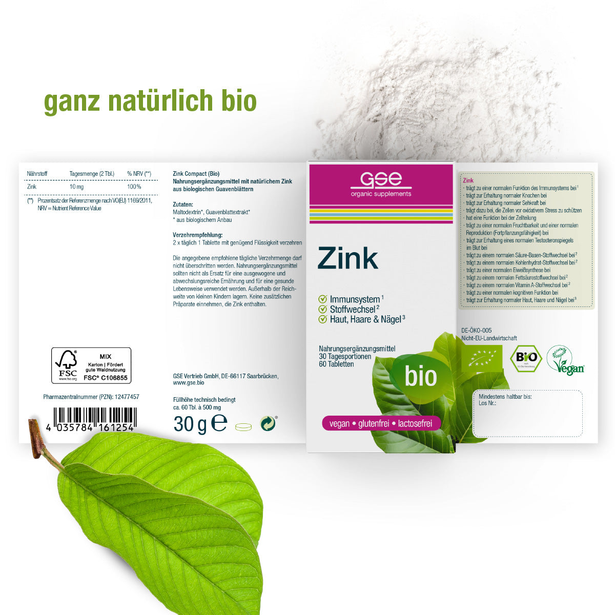 Die Zink Compact (Bio)-Verpackung von gse.organic.supplements zeigt grüne Blätter, Pulver und die Zertifizierungen bio, vegan, glutenfrei. Der deutsche Text hebt "veganes Zink" zur Unterstützung des Immunsystems und der Hautpflege hervor.