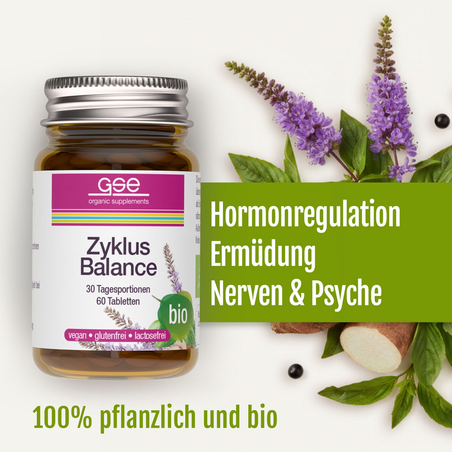 Eine Flasche des Bio-Nahrungsergänzungsmittels Zyklus Balance (Bio) von gse steht inmitten von Kräutern und einer lila Blume. Der Text hebt die Hormonregulierung, die Verringerung von Müdigkeit und die Unterstützung des weiblichen Hormonhaushalts hervor. Auf dem Etikett steht, dass es zu 100 % pflanzlich und biologisch ist.