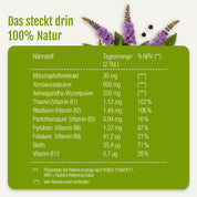 Tabelle der Inhaltsstoffe und Tageswerte für Zyklus Balance (Bio) von gse organic supplements, ein natürliches Ergänzungsmittel für hormonelle Balance mit Yamswurzel- und Ashwagandha-Extrakten, den Vitaminen B1, B5, B6, B12 und Biotin. Lila Blüten und grüne Blätter schmücken die Ecke.