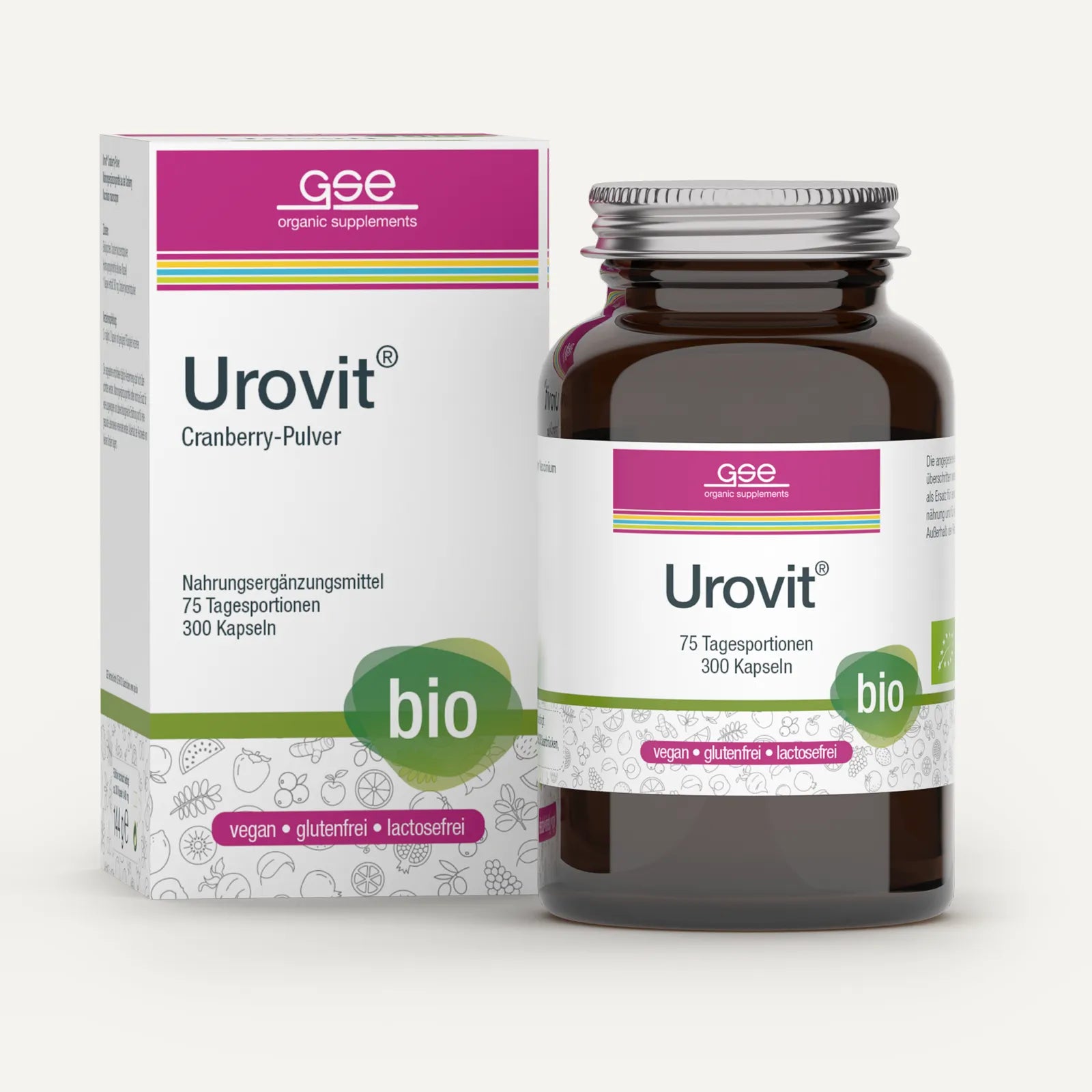 Eine braune Glasflasche und eine weiße Schachtel mit der Aufschrift „Urovit®-Cranberry Kapseln (Bio)“ von gse.organic.supplements, ein veganes, glutenfreies und laktosefreies Nahrungsergänzungsmittel mit grünen Bio-Symbolen. Enthält 300 Kapseln, reich an Proanthocyanidin.