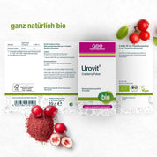 Die Verpackung der Urovit®-Cranberry Kapseln (Bio) von gse.organic.supplements ist mit Cranberries und Cranberrypulver versehen und hebt den hohen Proanthocyanidin-Gehalt sowie die Eigenschaften Bio, Vegan, Glutenfrei und Laktosefrei hervor.