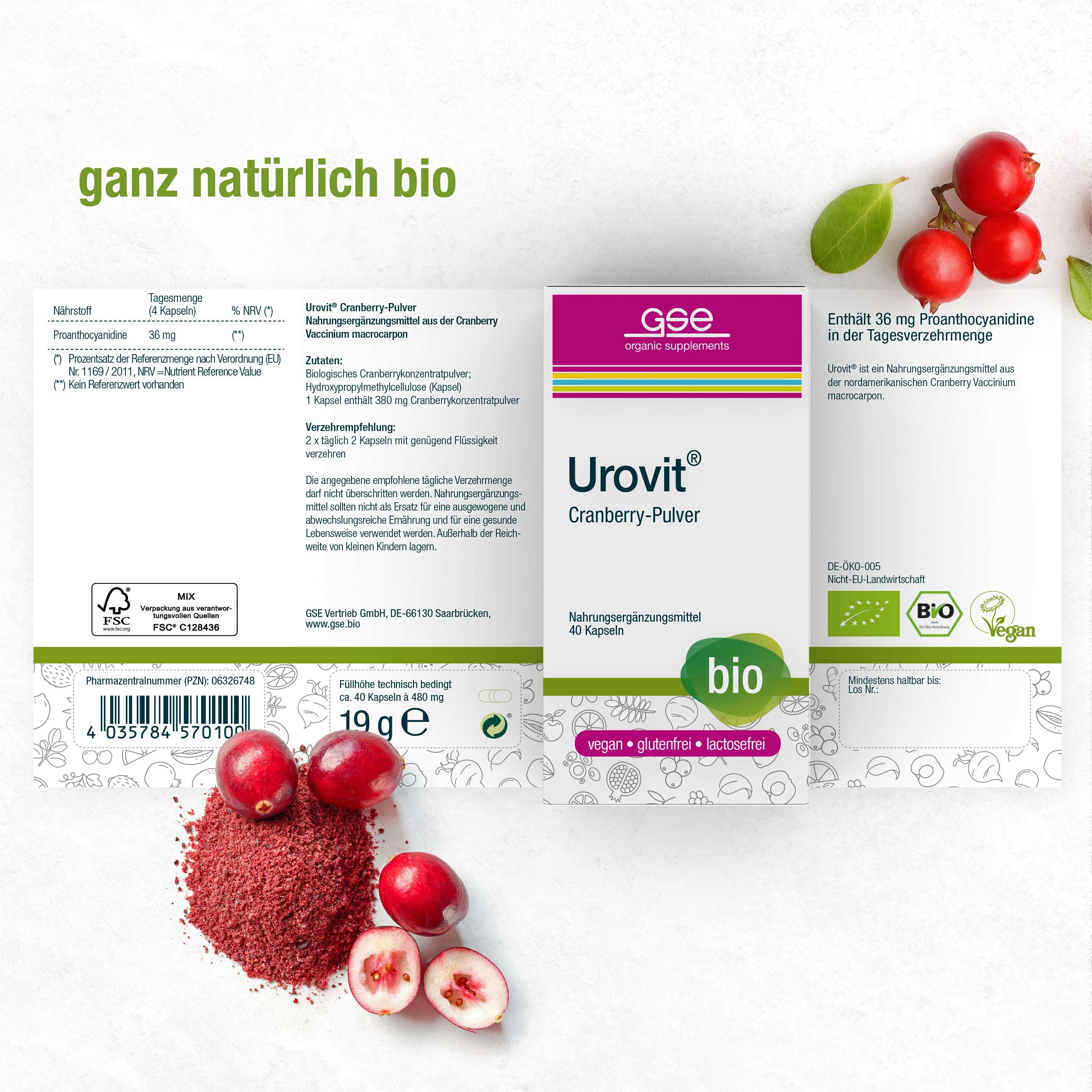 Die Verpackung der Urovit®-Cranberry Kapseln (Bio) von gse.organic.supplements ist mit Cranberries und Cranberrypulver versehen und hebt den hohen Proanthocyanidin-Gehalt sowie die Eigenschaften Bio, Vegan, Glutenfrei und Laktosefrei hervor.
