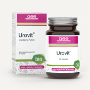 Ein Glas und eine Schachtel gse.organic.supplements Urovit®-Cranberry Kapseln (Bio) mit jeweils 40 veganen, glutenfreien und laktosefreien Kapseln. Die weiße Verpackung ist mit rosa und grünen Akzenten versehen.