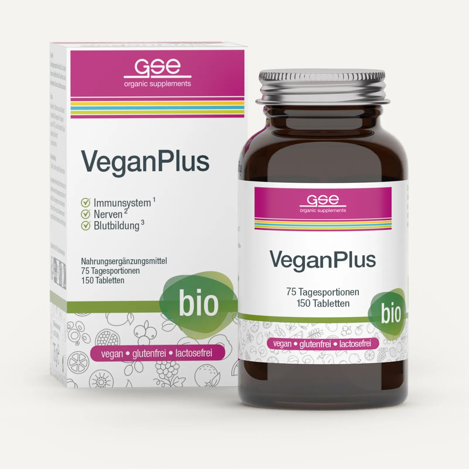 Abgebildet sind eine Flasche und eine Schachtel gse.organic.supplements VeganPlus (Bio). Die bio-zertifizierte Verpackung weist darauf hin, dass das Produkt biologisch ist, die vegane Ernährung mit Mikronährstoffen unterstützt und gluten- und laktosefrei ist.