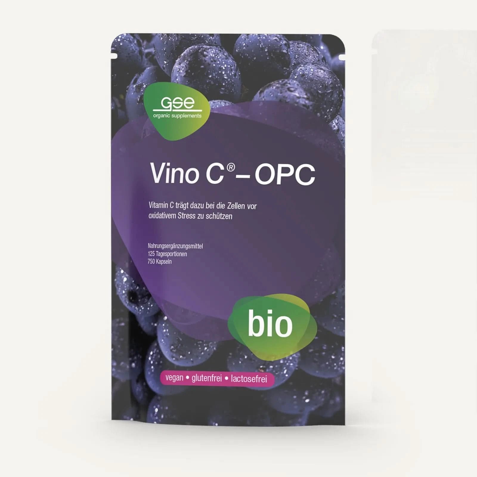 Eine Packung des Nahrungsergänzungsmittels Vino C® - OPC (Bio) von gse.organic.supplements mit dunklen Trauben enthält Bio-OPC aus Traubenkernkonzentrat und ist vegan, glutenfrei und laktosefrei.