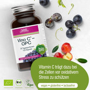 Eine Flasche Vino C® – OPC (Bio) von gse.organic.supplements mit Traubenkernkonzentrat und Acerolapulver steht auf einer weißen Fläche, umgeben von grünen Blättern und schwarzen Trauben, und zeigt die Logos „Vegan“, „Vitamin C mit OPC-Vorteilen“ und Zertifizierungen.