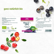 Das Produktetikett für Vino C® - OPC (Bio) von gse.organic.supplements zeigt Trauben- und Kirschbilder auf weißem Hintergrund. Grüner Text mit dem Hinweis „ganz natürlich bio“ und einem grünen Bio-Symbol hebt die biologische, vegane OPC- und Traubenkernkonzentrat-Formel hervor.