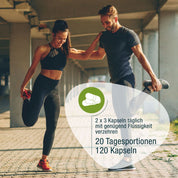 Ein Mann und eine Frau in Sportkleidung strecken sich im Freien unter einer Brücke. Deutscher Text erklärt gse.organic.supplements Vino C® - OPC (Bio): 2x3 Kapseln täglich, 20 Portionen, 120 Kapseln aus Traubenkernkonzentrat und Acerolapulver.