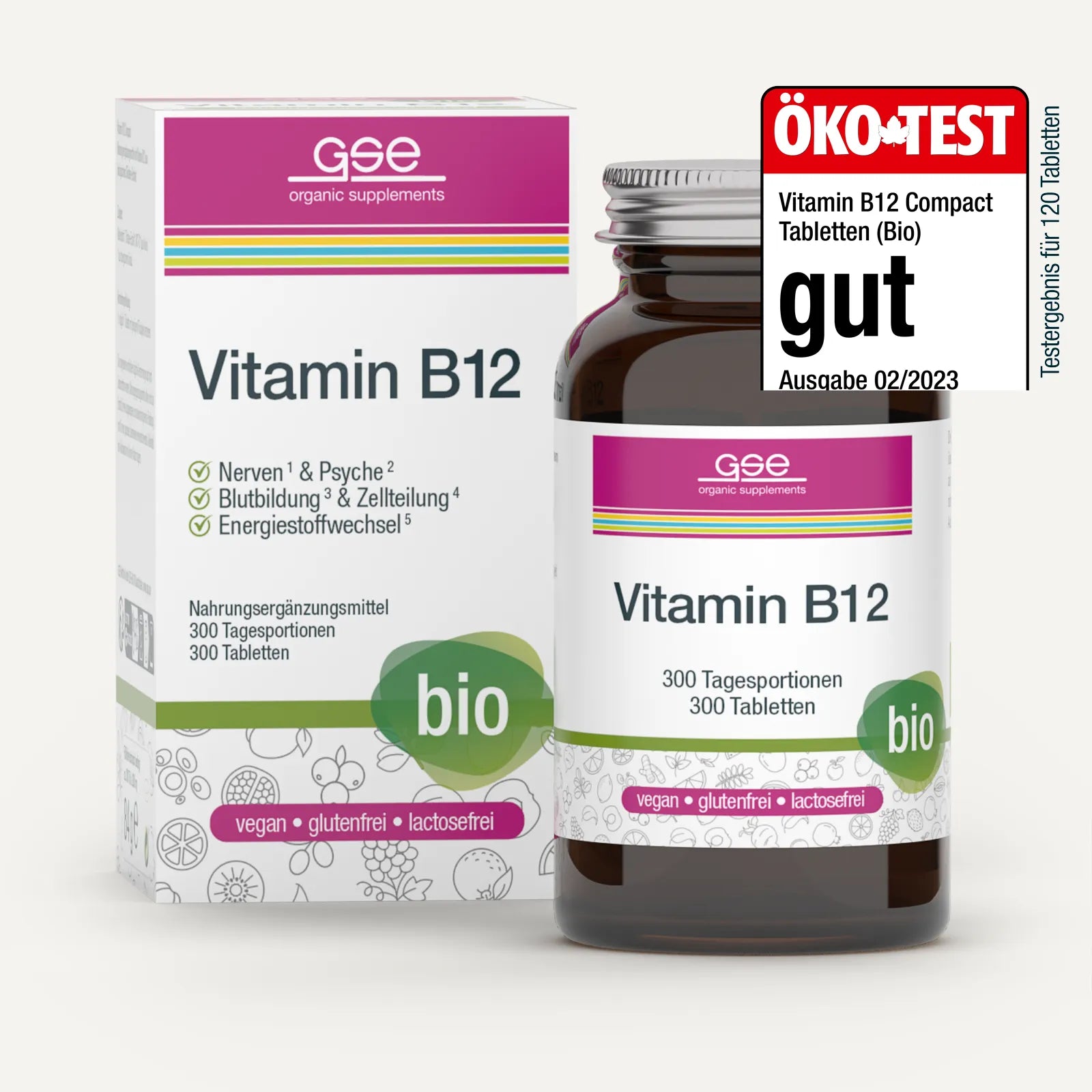 Abgebildet sind eine Flasche und eine Schachtel des gse.organic.supplements Vitamin B12 Compact (Bio) mit Shiitake-Extrakt. Das Etikett hebt die Eigenschaften vegan, glutenfrei, laktosefrei und das ÖKO-TEST-Prädikat „gut“ von Februar 2023 in der oberen rechten Ecke hervor.