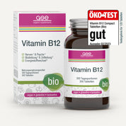 Abgebildet sind eine Flasche und eine Schachtel des gse.organic.supplements Vitamin B12 Compact (Bio) mit Shiitake-Extrakt. Das Etikett hebt die Eigenschaften vegan, glutenfrei, laktosefrei und das ÖKO-TEST-Prädikat „gut“ von Februar 2023 in der oberen rechten Ecke hervor.