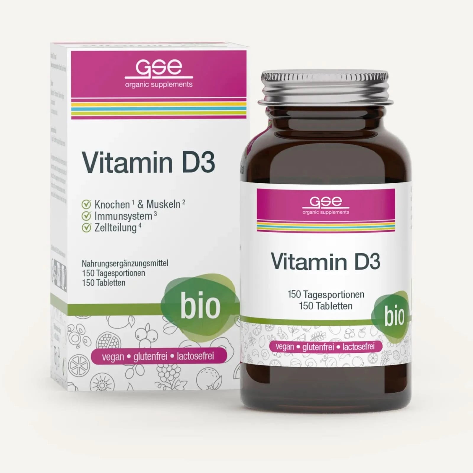 Eine Flasche und Schachtel gse.organic.supplements Vitamin D3 Compact (Bio) mit 150 veganen, glutenfreien und laktosefreien Tabletten. Auf der Verpackung wird Sonnenvitamin für Knochen, Muskeln, Immunsystem und Zellteilungsunterstützung hervorgehoben.