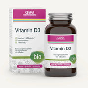 Eine Flasche und Schachtel gse.organic.supplements Vitamin D3 Compact (Bio) mit 150 veganen, glutenfreien und laktosefreien Tabletten. Auf der Verpackung wird Sonnenvitamin für Knochen, Muskeln, Immunsystem und Zellteilungsunterstützung hervorgehoben.