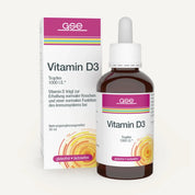 Eine 50-ml-Flasche und eine Schachtel mit gse.organic.supplements Vitamin D3 Tropfen, mit bunten Streifen und deutschem Text. Die Verpackung hebt die gluten- und laktosefreien Tropfen für Immunsystem und Knochengesundheit hervor.