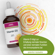Eine Flasche gse.organic.supplements Vitamin D3 Tropfen erscheint neben einer lebendigen Sonnenillustration. Ein grünes Etikett weist auf die Vorteile des Sonnenvitamins und die Unterstützung des Immunsystems hin. Dieses Produkt ist gluten- und laktosefrei.